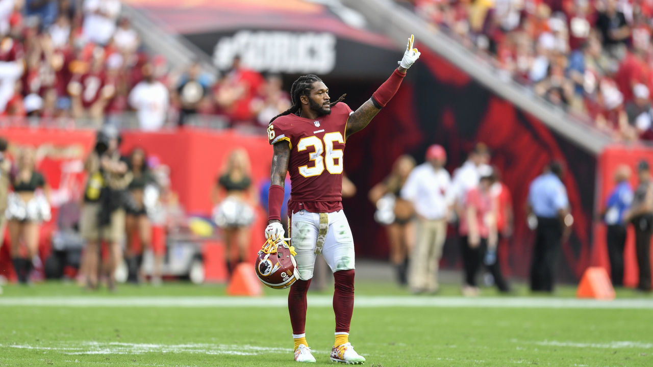 TAMPA, FL - NOVEMBER 11: Washington Redskins safety D.J. Swearinger Sr. (36) celebrates a defensive play during the second half of an NFL game between the Washington Redskins and the Tampa Bay Bucs on November 11, 2018, at Raymond James Stadium in Tampa, FL.
