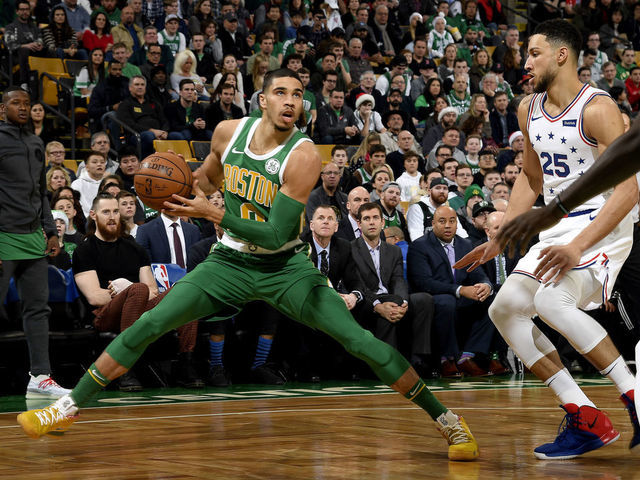 BOSTON, MA - DECEMBER 25: Jayson Tatum #0 of the Boston Celtics handles the ball against the Philadelphia 76ers on December 25, 2018 at the TD Garden in Boston, Massachusetts. Mandatory Copyright Notice: Copyright 2018 NBAE
