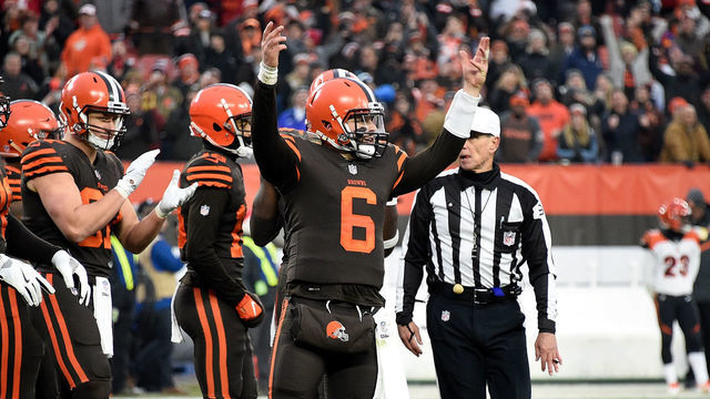 CLEVELAND, OH - DECEMBER 23: Baker Mayfield #6 of the Cleveland Browns reacts after a 26-18 win over the Cincinnati Bengals at FirstEnergy Stadium on December 23, 2018 in Cleveland, Ohio.