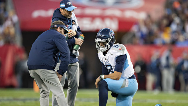 NASHVILLE, TN - DECEMBER 22: Marcus Mariota #8 of the Tennessee Titans rests on one knee after a hard tackle during a game against the Washington Redskins at Nissan Stadium on December 22, 2018 in Nashville, Tennessee. The Titans defeated the Redskins 25-16.