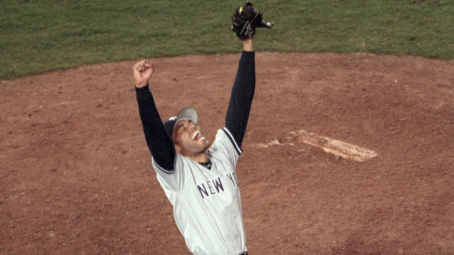 SAN DIEGO, CA - OCTOBER 21 : Mariano Rivera #42 of the New York Yankees celebrates after the final out of GM 4 to defeat the San Diego Padres in 1998 World Series on October 21, 1998 at Qualcomm Stadium in San Diego, California. The Yankees won the series 4 games to 0.