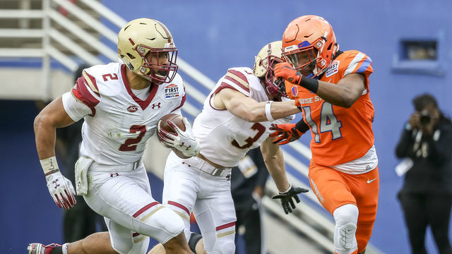 DALLAS, TX - DECEMBER 26: Boston College Eagles running back AJ Dillon (2) runs through the line of scrimmage during the game between the Boise State Broncos and the Boston College Eagles on December 26, 2018 at the First Responders Bowl in Dallas, Texas.