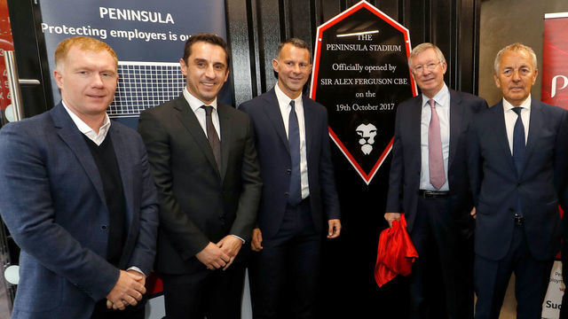 Sir Alex Ferguson unveils a plaque to commemorate the announcement that Salford City's new stadium is named The Peninsula Stadium with Payl Scholes (left), Gary Neville (2nd left) Ryan Giggs (3rd left) and Peter Done (right).