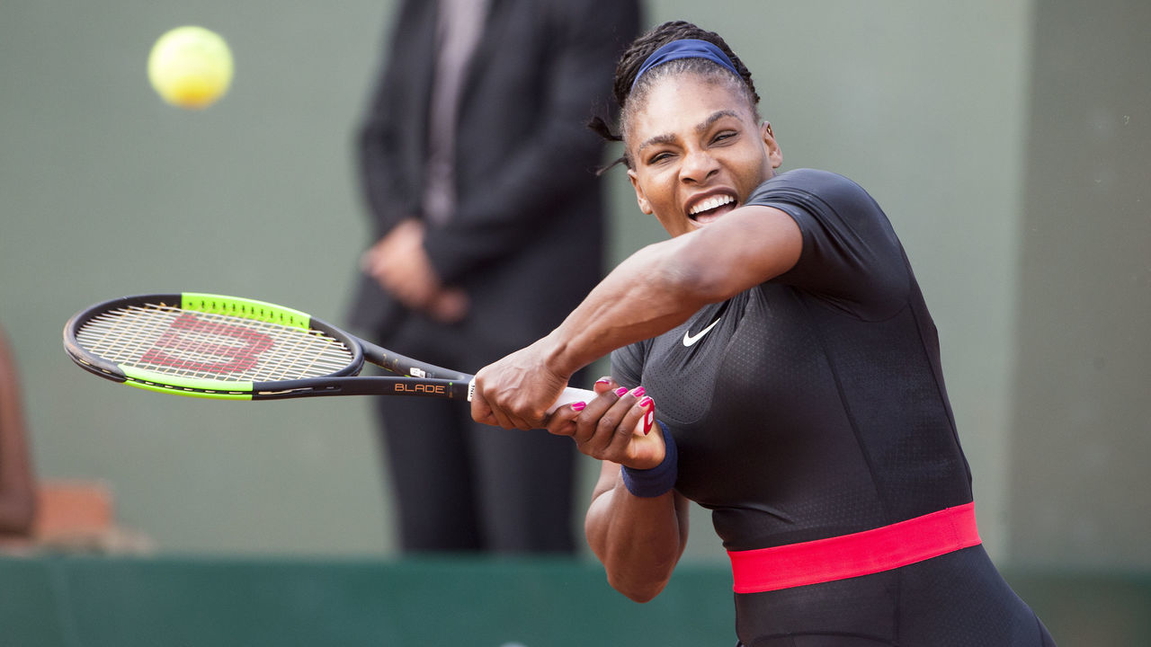 PARIS, FRANCE June 3. French Open Tennis Tournament - Day Eight. Serena Williams of the United States in action with sister Venus Williams of the United States during their loss against Andreja Klepac of Slovenia and Maria Jose Martinez Sanchez of Spain in the Women's Doubles Competition on Court One at the 2018 French Open Tennis Tournament at Roland Garros on June 3rd 2018 in Paris, France.