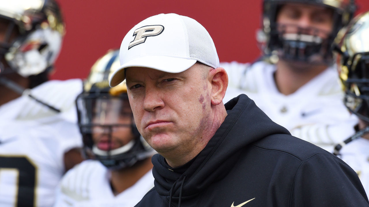 BLOOMINGTON, IN - NOVEMBER 24: Purdue Head Coach Jeff Brohm leading his team onto the field prior to a college football game between the Purdue Boilermakers and Indiana Hoosiers on November 24, 2018, at Memorial Stadium in Bloomington, IN.