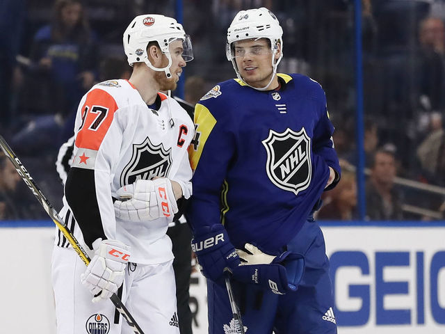 TAMPA, FL - JANUARY 28: Edmonton Oilers forward Connor McDavid (97) and Toronto Maple Leafs forward Auston Matthews (34) talk during the 2018 NHL All-Star Game between the Pacific Division All-Stars and Atlantic Division All-Stars on January 28, 2018 at Amalie Arena in Tampa, FL.