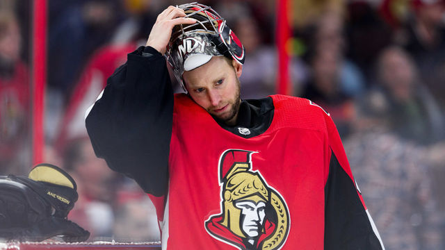 OTTAWA, ON - DECEMBER 17: Ottawa Senators Goalie Craig Anderson (41) puts his mask back on during third period National Hockey League action between the Nashville Predators and Ottawa Senators on December 17, 2018, at Canadian Tire Centre in Ottawa, ON, Canada.