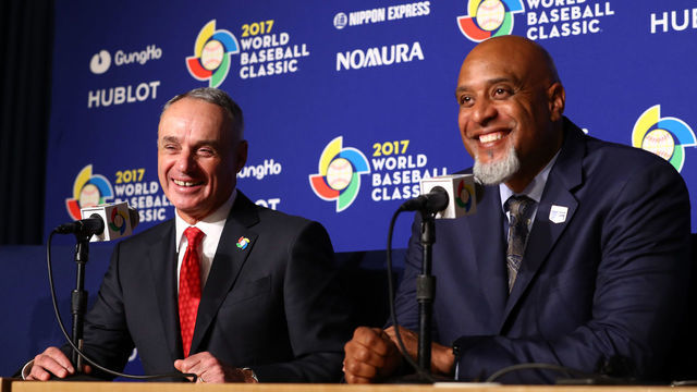LOS ANGELES, CA - MARCH 22: Major League Baseball Commissioner Robert D. Manfred Jr. and Major League Baseball Players Association Executive Director Tony Clark speak during a press conference before Game 3 of the Championship Round of the 2017 World Baseball Classic between Team USA and Team Puerto Rico on Wednesday, March 22, 2017 at Dodger Stadium in Los Angeles, California.