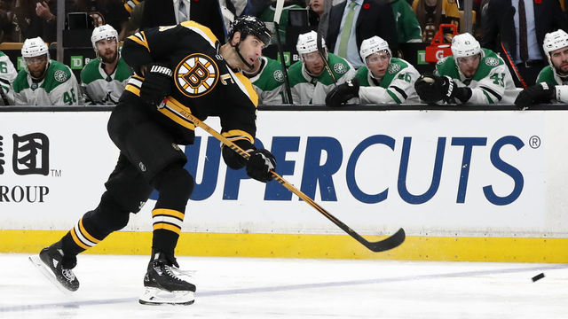BOSTON, MA - NOVEMBER 05: Boston Bruins left defenseman Zdeno Chara (33) takes a slap shot from the point during a game between the Boston Bruins and the Dallas Stars on November 5, 2018, at TD Garden in Boston, Massachusetts.
