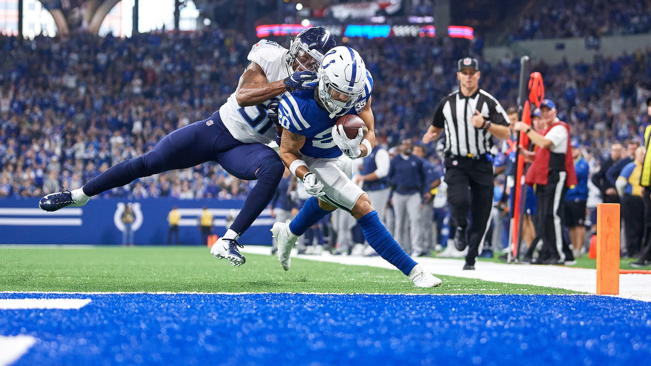 INDIANAPOLIS, IN - NOVEMBER 18: Indianapolis Colts running back Jordan Wilkins (20) battles with Tennessee Titans free safety Kevin Byard (31) before scoring a touchdown in game action between the Indianapolis Colts and the Tennessee Titans on November 18, 2018 at Lucas Oil Stadium in Indianapolis, Indiana.