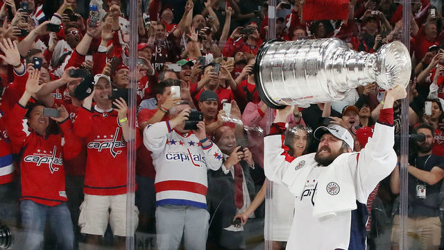 LAS VEGAS, NV - JUNE 07: Alex Ovechkin #8 of the Washington Capitals carries the Stanley Cup in celebration after his team defeated the Vegas Golden Knights 4-3 in Game Five of the 2018 NHL Stanley Cup Final at the T-Mobile Arena on June 7, 2018 in Las Vegas, Nevada.