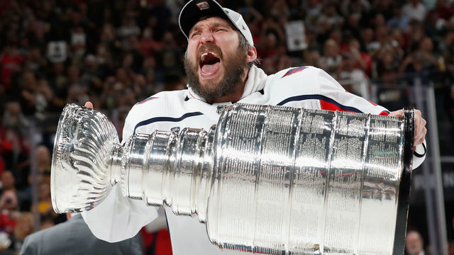 LAS VEGAS, NV - JUNE 07: Alex Ovechkin #8 of the Washington Capitals celebrates with the Stanley Cup after his team defeated the Vegas Golden Knights 4-3 in Game Five of the 2018 NHL Stanley Cup Final at T-Mobile Arena on June 7, 2018 in Las Vegas, Nevada. The Capitals won the series four games to one.
