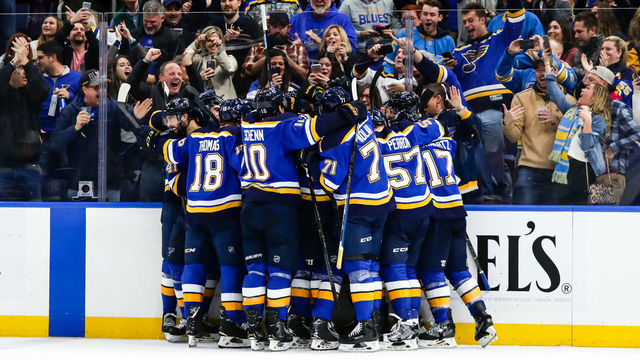 ST. LOUIS, MO - DECEMBER 14: The St. Louis Blues celebrate their win during the overtime period of an NHL hockey game between the St. Louis Blues and the Colorado Avalanche on December 14, 2018, at the Enterprise Center in St. Louis, MO.