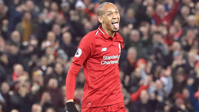 Liverpool's Fabinho celebrates scoring his side's fourth goal of the game during the Premier League match at Anfield, Liverpool.
