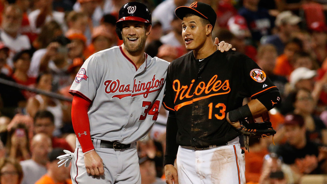 BALTIMORE, MD - JULY 10: Bryce Harper #34 of the Washington Nationals and Manny Machado #13 of the Baltimore Orioles talk during their game at Oriole Park at Camden Yards on July 10, 2015 in Baltimore, Maryland.