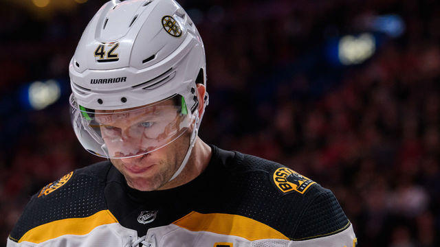 MONTREAL, QC - DECEMBER 17: Boston Bruins right wing David Backes (42) waits for play to begin during the third period of the NHL game between the Boston Bruins and the Montreal Canadiens on December 17, 2018, at the Bell Centre in Montreal, QC