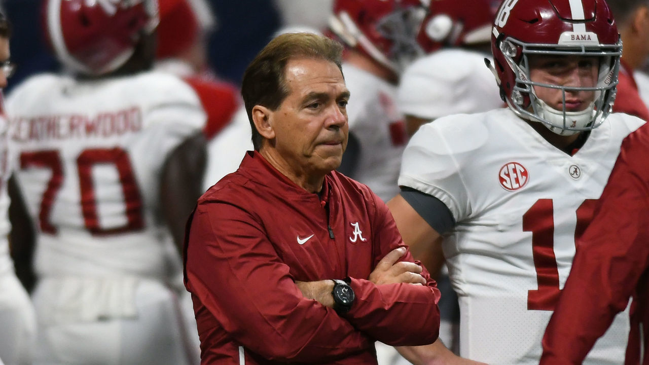 ATLANTA, GA - DECEMBER 01: Alabama Crimson Tide Head Coach Nick Saban watches his team during warmups before the SEC Championship between the Alabama Crimson Tide and the Georgia Bulldogs on December 01, 2018, at Mercedes-Benz Stadium in Atlanta, GA.