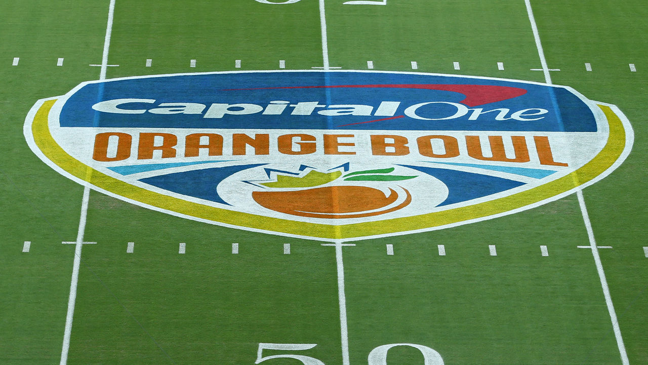 MIAMI GARDENS, FL - DECEMBER 30: Th Capital One Orange Bowl logo at midfield prior to the game between the Miami Hurricanes the Wisconsin Badgers at Hard Rock Stadium on December 30, 2017 in Miami Gardens, Florida. Wisconsin defeated Miami 34-24.