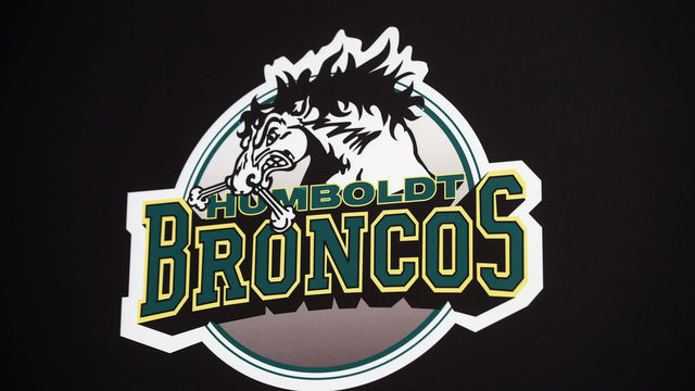 LAS VEGAS, NV - JUNE 19: The logo of the Humboldt Broncos is displayed during a press conference prior to the 2018 NHL Awards at the Encore Las Vegas on June 19, 2018 in Las Vegas, Nevada.