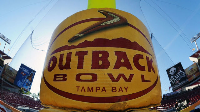 TAMPA, FL - JANUARY 1: A goalpost displays the game logo before the Michigan Wolverines play against the South Carolina Gamecocks in the Outback Bowl January 1, 2013 at Raymond James Stadium in Tampa, Florida.
