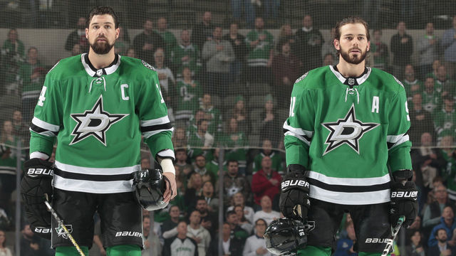 DALLAS, TX - OCTOBER 25: Tyler Seguin #91 and Jamie Benn #14 of the Dallas Stars before a game against the Anaheim Ducks at the American Airlines Center on October 25, 2018 in Dallas, Texas.