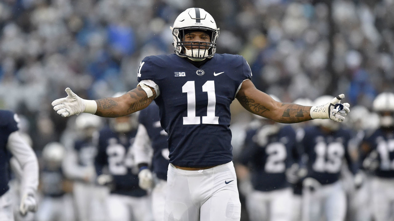 STATE COLLEGE, PA - NOVEMBER 24: Penn State LB Micah Parsons (11) leads the team onto the field before the Maryland Terrapins vs. the Penn State Nittany Lions November 24, 2018 at Beaver Stadium in State College, PA.