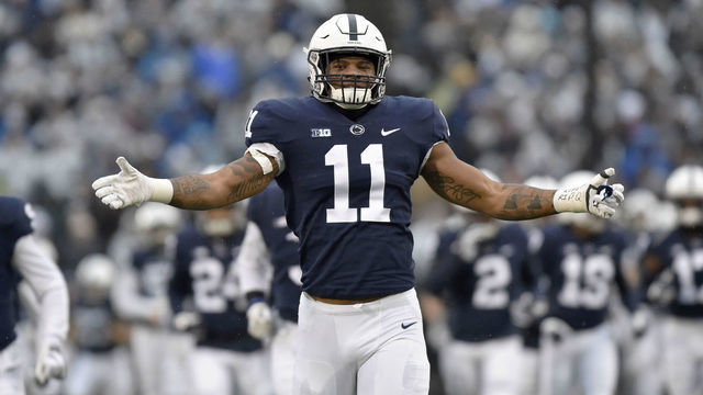 STATE COLLEGE, PA - NOVEMBER 24: Penn State LB Micah Parsons (11) leads the team onto the field before the Maryland Terrapins vs. the Penn State Nittany Lions November 24, 2018 at Beaver Stadium in State College, PA.