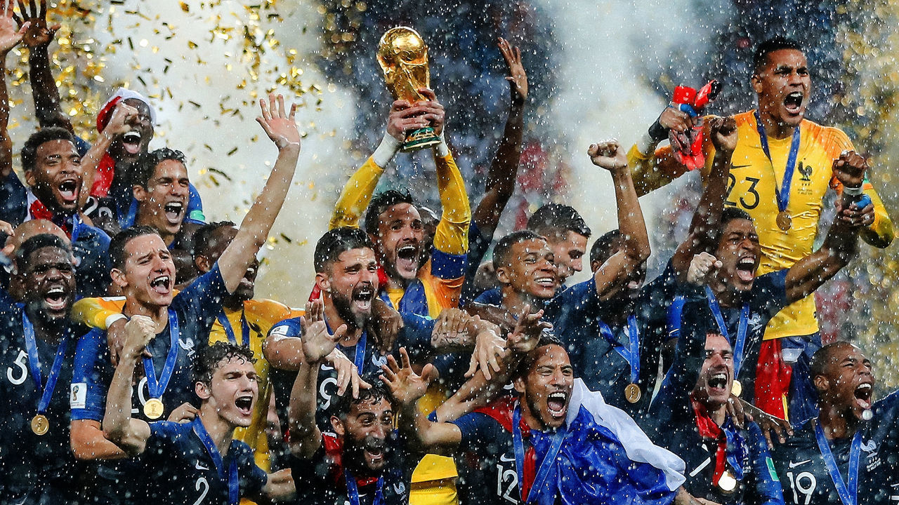 MOSCOW, RUSSIA - JULY 15: France goalkeeper Hugo Lloris lifts the trophy during the 2018 FIFA World Cup Russia Final between France and Croatia at Luzhniki Stadium on July 15, 2018 in Moscow, Russia.