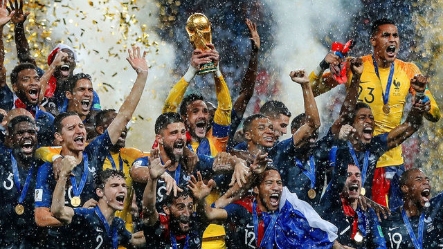 MOSCOW, RUSSIA - JULY 15: France goalkeeper Hugo Lloris lifts the trophy during the 2018 FIFA World Cup Russia Final between France and Croatia at Luzhniki Stadium on July 15, 2018 in Moscow, Russia.