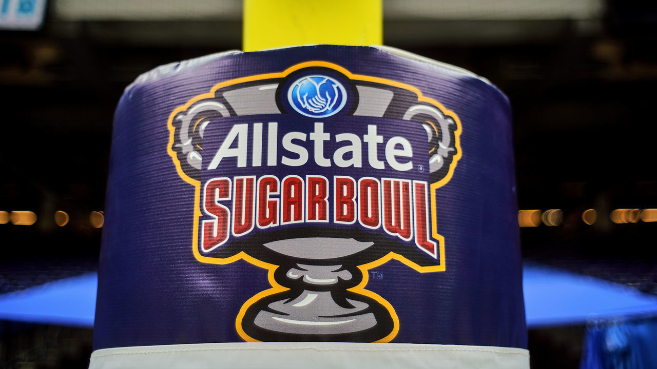 NEW ORLEANS, LA - JANUARY 01: A detailed view of a Allstate Sugar Bowl logo is seen on a goal post pad prior to the start of the College Football Playoff Semifinal at the Allstate Sugar Bowl between the Alabama Crimson Tide and Clemson Tigers on January 1, 2018, at the Mercedes-Benz Superdome in New Orleans, LA.