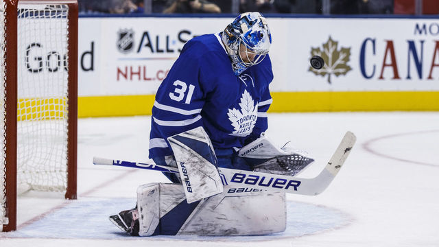 TORONTO, ON - DECEMBER 22: Frederik Andersen #31 of the Toronto Maple Leafs makes a save during the first period against the New York Rangers at the Scotiabank Arena on December 22, 2018 in Toronto, Ontario, Canada.