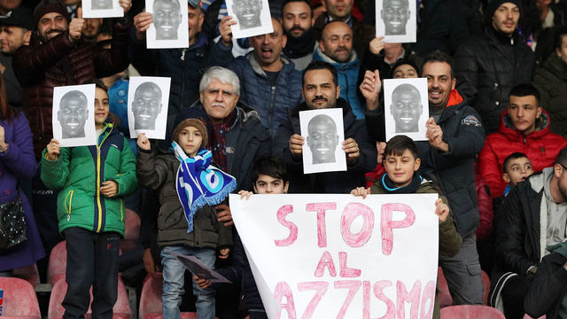NAPLES, ITALY - DECEMBER 29: SSC Napoli supporters show their support to Kalidou Koulibaly before the Serie A match between SSC Napoli and Bologna FC at Stadio San Paolo on December 29, 2018 in Naples, Italy.
