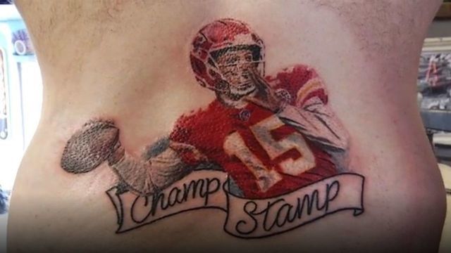 Chiefs fan gets Mahomes 'champ stamp' tattoo after losing bet