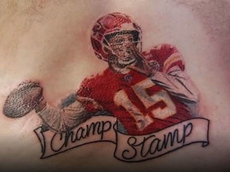 Chiefs fan gets Mahomes 'champ stamp' tattoo after losing bet