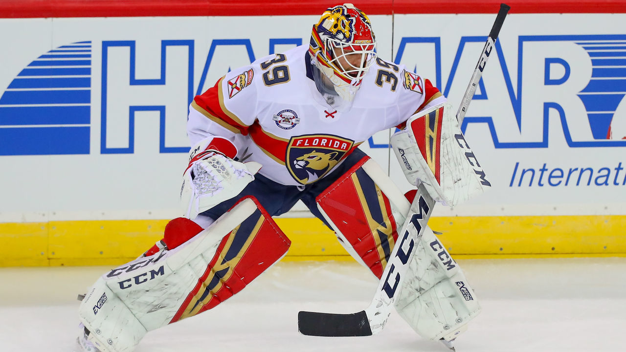 NEWARK, NJ - OCTOBER 27: Florida Panthers goaltender Michael Hutchinson (39) during warm ups prior to the National Hockey League Game between the New Jersey Devils and the Florida Panthers on October 27, 2018 at the Prudential Center in Newark, NJ.