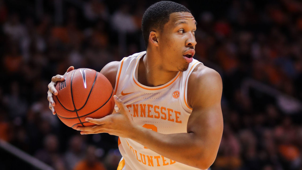 KNOXVILLE, TN - DECEMBER 22: Grant Williams #2 of the Tennessee Volunteers defends the ball during the first half of the game against the Wake Forest Demon Deacons at Thompson-Boling Arena on December 22, 2018 in Knoxville, Tennessee.