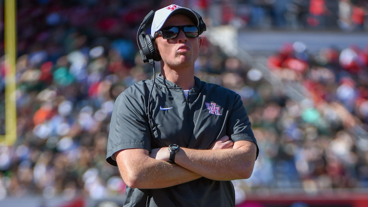 HOUSTON, TX - OCTOBER 27: Houston Cougars head coach Major Applewhite walks the sideline during the football game between the USF Bulls and Houston Cougars at TDECU Stadium on October 27, 2018 in Houston, Texas.