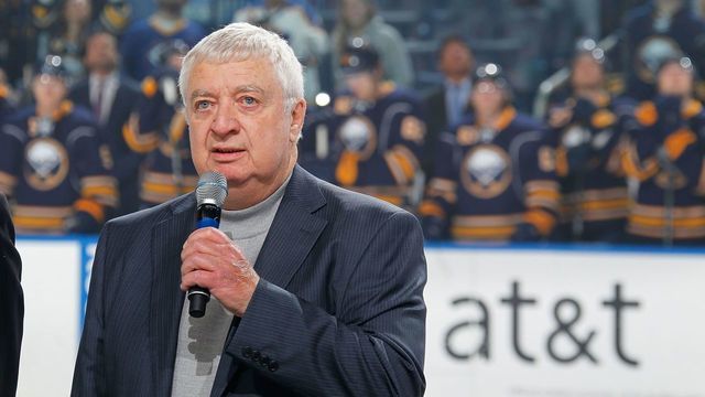 BUFFALO, NY - MARCH 29: Buffalo Sabres broadcaster Rick Jeanneret speaks to fans prior to the game against the Tampa Bay Lightning on March 29, 2014 at the First Niagara Center in Buffalo, New York.