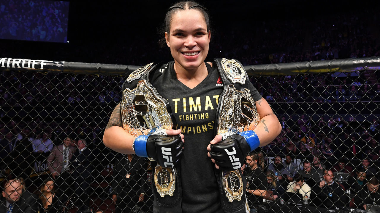 INGLEWOOD, CA - DECEMBER 29: Amanda Nunes of Brazil celebrates her KO victory over Cris Cyborg of Brazil in their women's featherweight bout during the UFC 232 event inside The Forum on December 29, 2018 in Inglewood, California.
