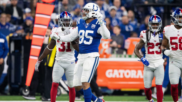 INDIANAPOLIS, IN - DECEMBER 23: Indianapolis Colts tight end Eric Ebron (85) celebrates a first down during the NFL game between the New York Giants and Indianapolis Colts on December 23, 2018, at Lucas Oil Stadium in Indianapolis, IN.