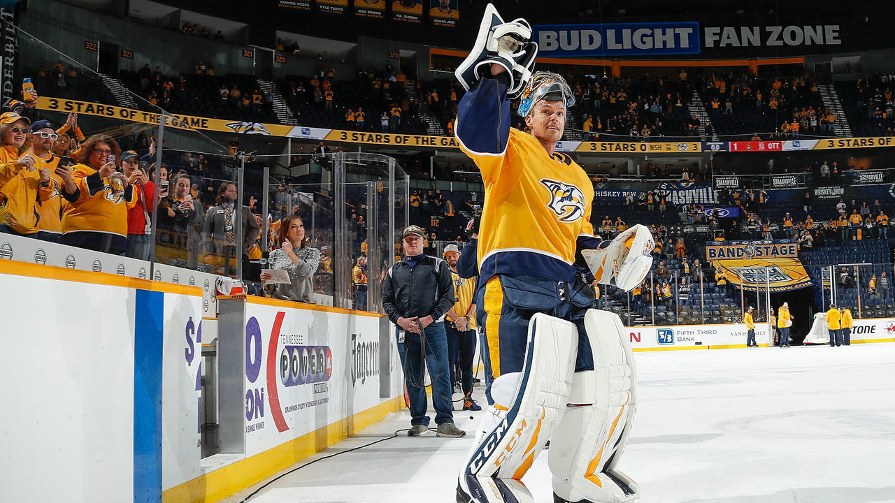 NASHVILLE, TN - DECEMBER 11: Pekka Rinne #35 of the Nashville Predators skates as First Star of the Game after a 3-1 win against the Ottawa Senators at Bridgestone Arena on December 11, 2018 in Nashville, Tennessee.