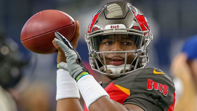 ARLINGTON, TX - DECEMBER 23: Tampa Bay Buccaneers Quarterback Jameis Winston (3) warms up prior to the game between the Dallas Cowboys and Tampa Bay Buccaneers on December 23, 2018 at AT&T Stadium in Arlington, TX.