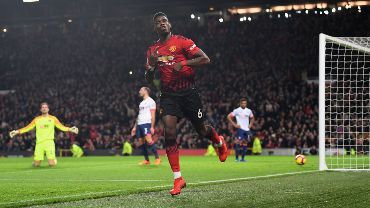 MANCHESTER, ENGLAND - DECEMBER 30: Paul Pogba of Manchester United celebrates as he scores his team's second goal during the Premier League match between Manchester United and AFC Bournemouth at Old Trafford on December 30, 2018 in Manchester, United Kingdom.