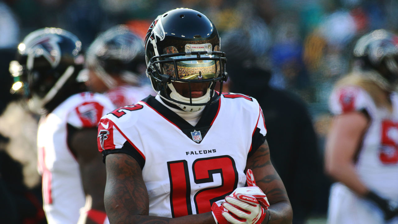 GREEN BAY, WI - DECEMBER 09: Atlanta Falcons wide receiver Mohamed Sanu (12) with a reflection of Lambeau Field in his visor during a game between the Green Bay Packers and the Atlanta Falcons at Lambeau Field on December 9, 2018 in Green Bay, WI.