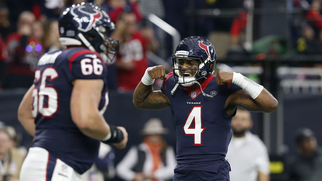 HOUSTON, TX - DECEMBER 30: Deshaun Watson #4 of the Houston Texans celebrates after a rushing touchdown in the second quarter against the Jacksonville Jaguars at NRG Stadium on December 30, 2018 in Houston, Texas.