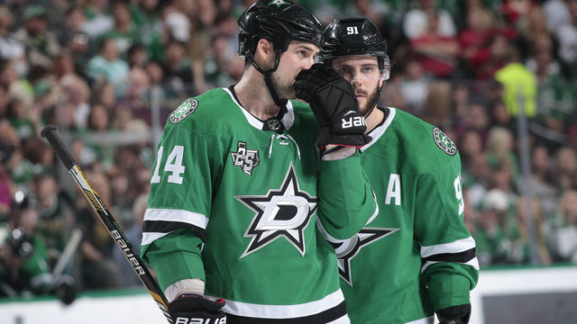 DALLAS, TX - MARCH 31: Jamie Benn #14 and Tyler Seguin #91 of the Dallas Stars during a game against the Minnesota Wild at the American Airlines Center on March 31, 2018 in Dallas, Texas. *** Local Caption *** Jamie Benn;Tyler Seguin