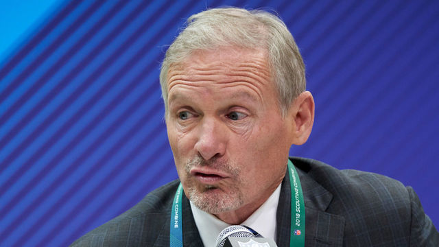 INDIANAPOLIS, IN - MARCH 03: NFL Network analyst Mike Mayock answers questions from the media during the NFL Scouting Combine on March 03, 2018 at Lucas Oil Stadium in Indianapolis, IN.