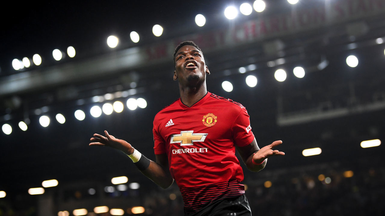 MANCHESTER, ENGLAND - DECEMBER 30: Paul Pogba of Manchester United celebrates as he scores his team's second goal during the Premier League match between Manchester United and AFC Bournemouth at Old Trafford on December 30, 2018 in Manchester, United Kingdom.