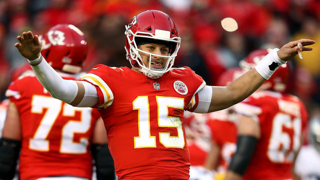 KANSAS CITY, MISSOURI - DECEMBER 30: Quarterback Patrick Mahomes #15 of the Kansas City Chiefs reacts during the game against the Oakland Raiders at Arrowhead Stadium on December 30, 2018 in Kansas City, Missouri.