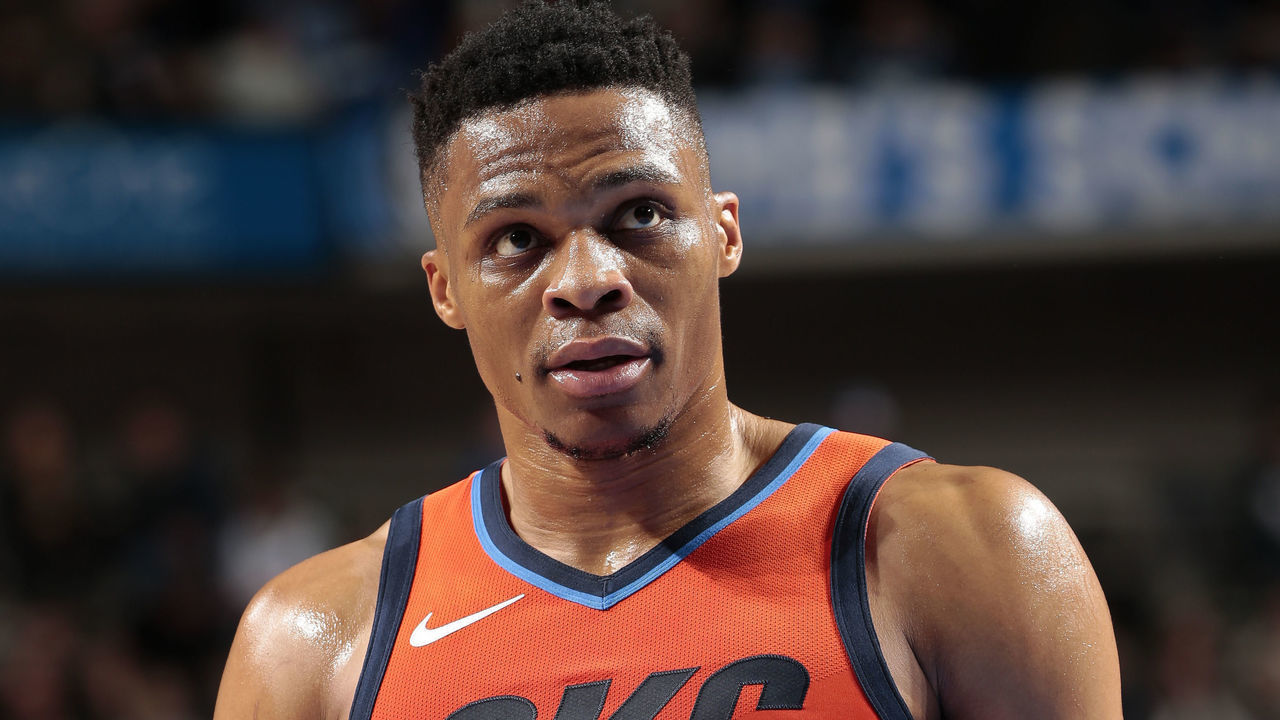 DALLAS, TX - DECEMBER 30: Russell Westbrook #0 of the Oklahoma City Thunder looks on during the game against the Dallas Mavericks on December 30, 2018 at the American Airlines Center in Dallas, Texas. Mandatory Copyright Notice: Copyright 2018 NBAE